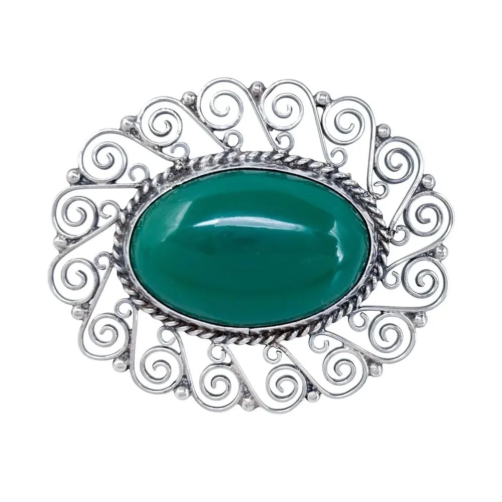 Vintage Sterling Silver 925 Green Onyx Filigree Brooch Pin